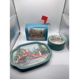 Set Of J.S.N.Y Metal Mini Trays Coasters Mailbox Winter Deer Scene Decor Country